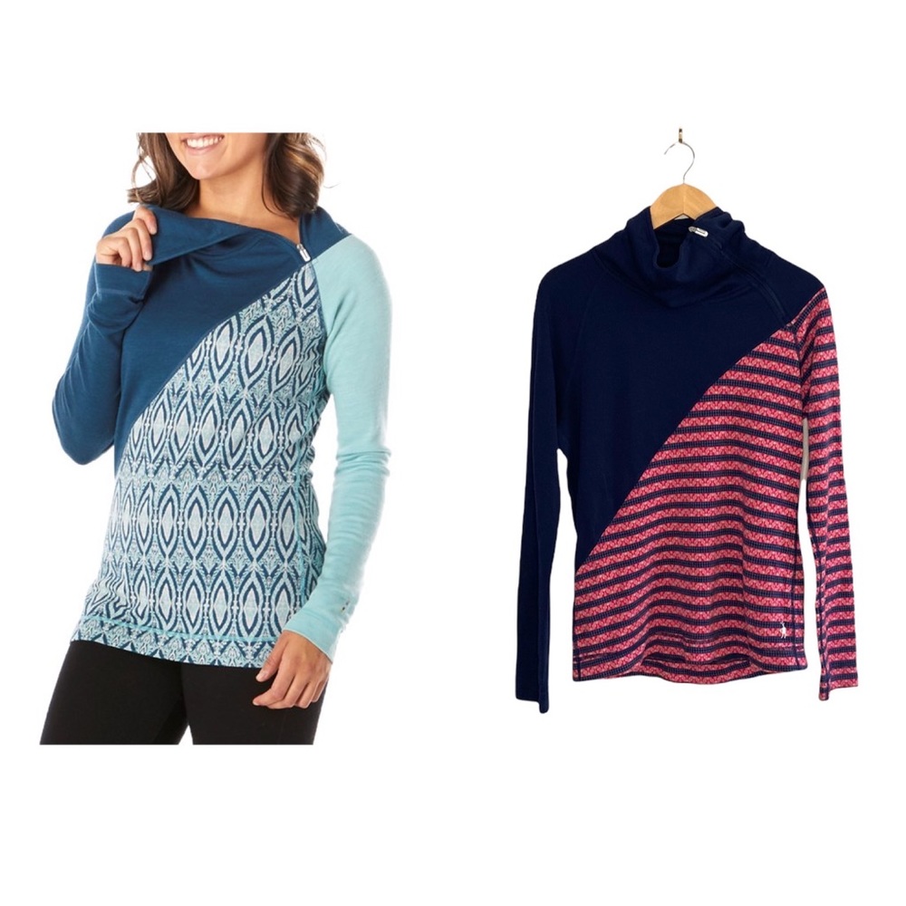 Smartwool 100% Merino Wool Navy Asymmetrical Cowl Neck Base Layer Top, sz Large